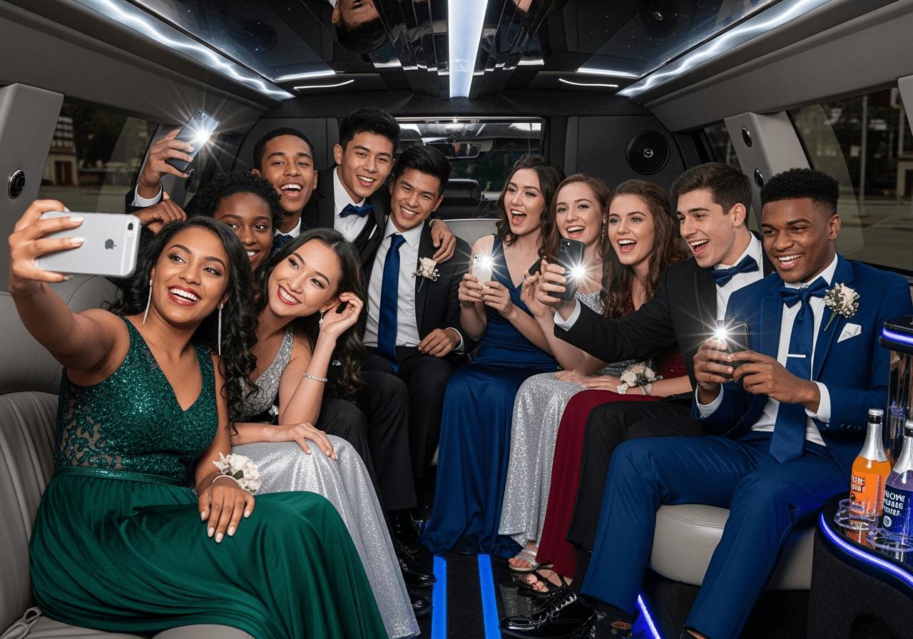 Vibrant Prom Transportation with Diverse Teenagers Celebrating